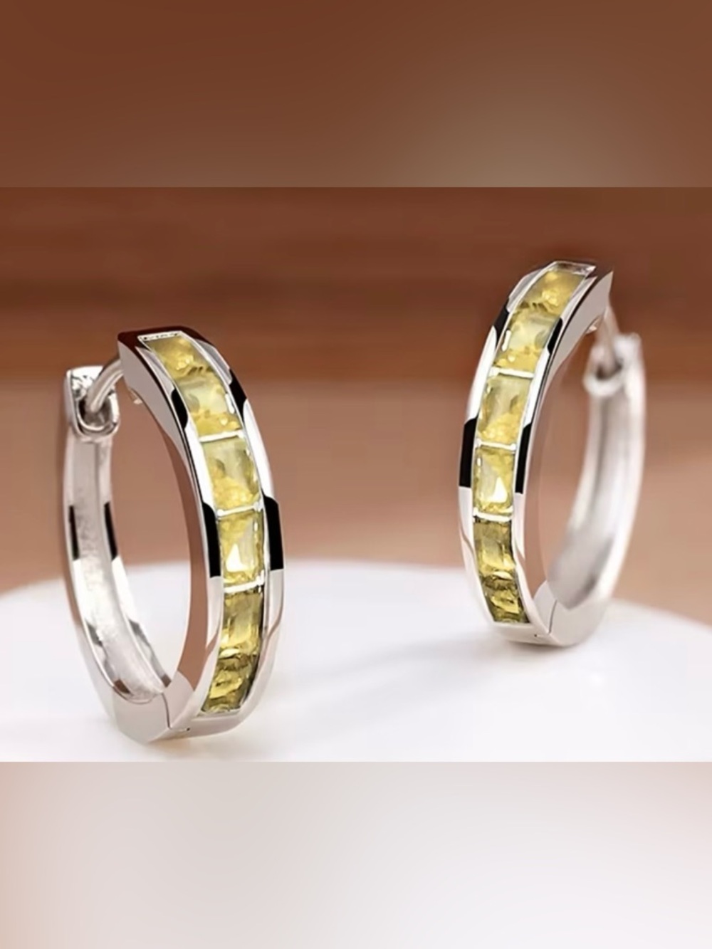 Sterling Silver Hoop Earrings with Yellow Gem Inlay - Women's Jewelry